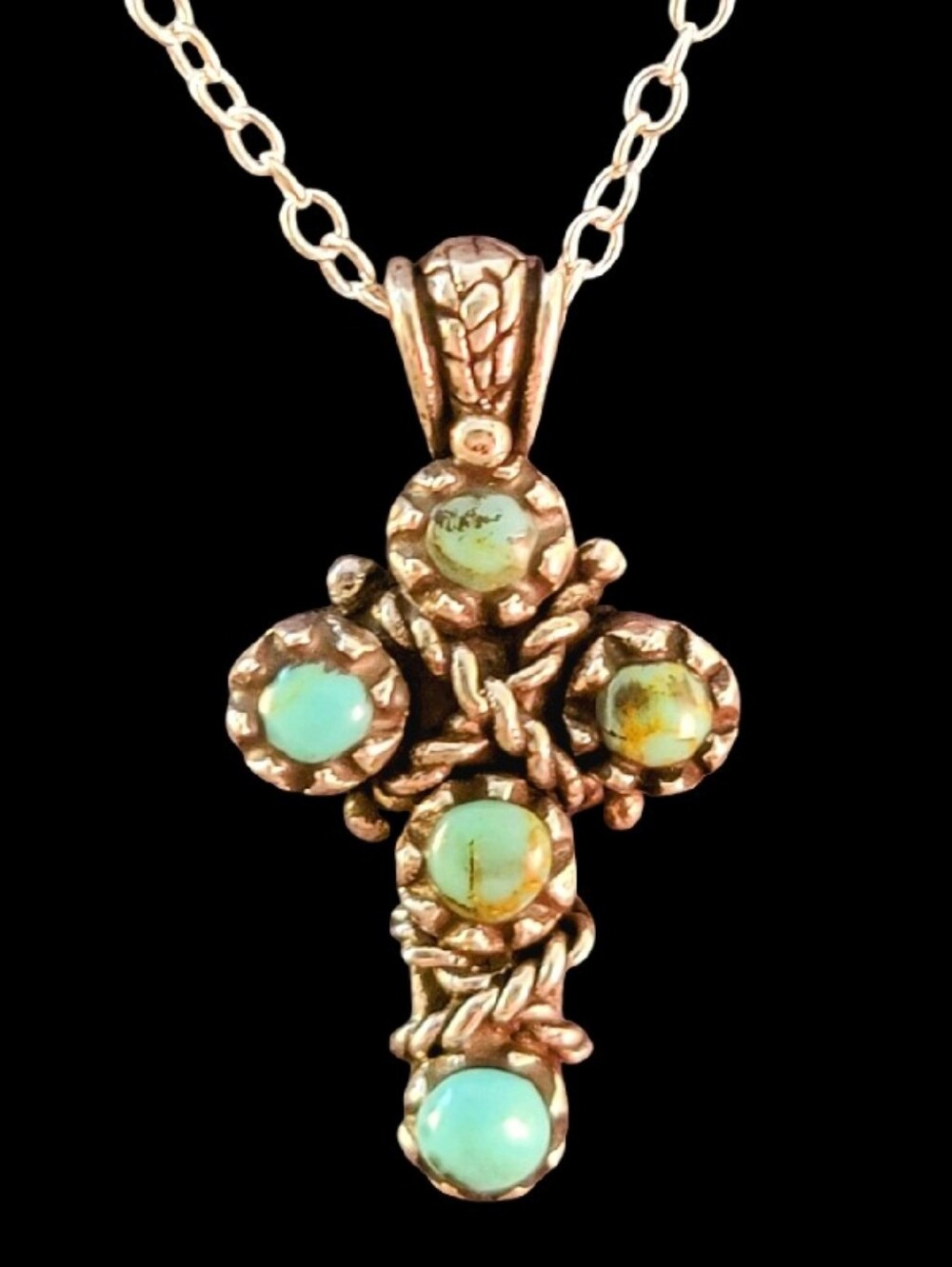 Barse Sterling Twisted Cable Turquoise Organic Cross Pendant Necklace NEW